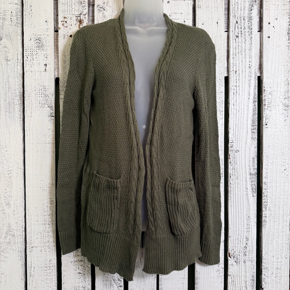 SO Cardigan Open Front Sweater Women’s Size Small Olive Green‎ Lightweight Boho